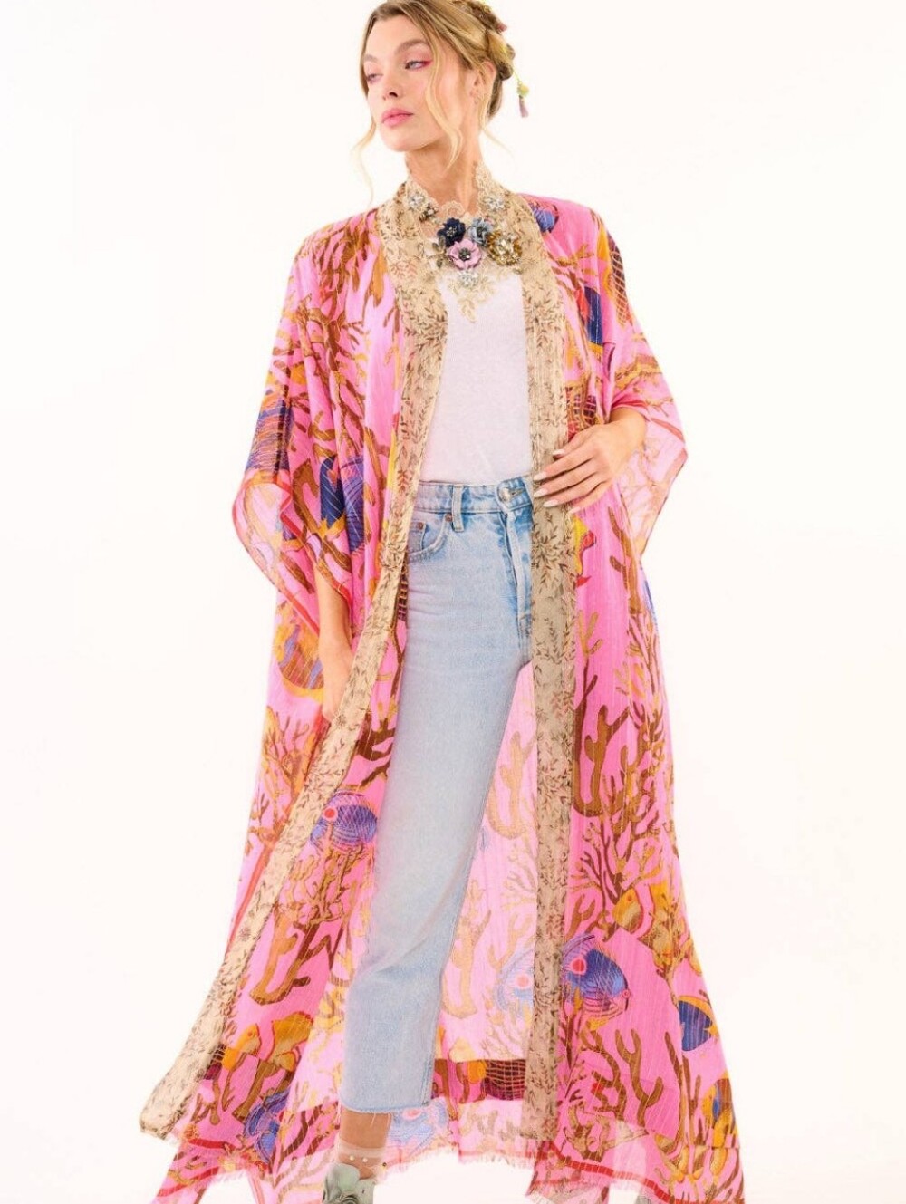 Aratta Pink Ocean-Print Sheer Kimono with Fringe